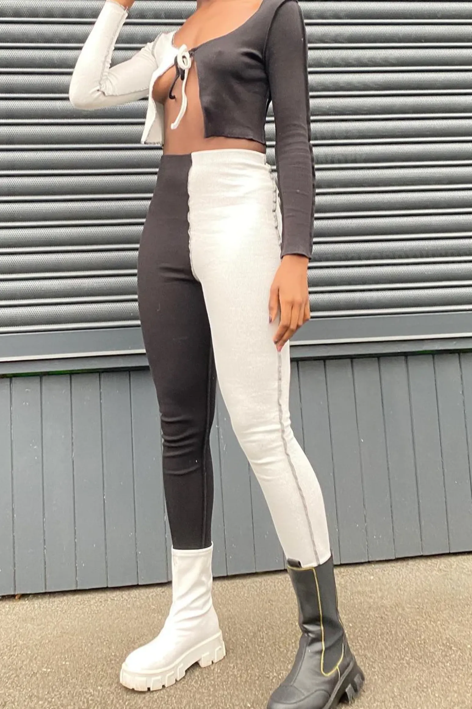 Rebellious Fashion Black Splice Contrast Stitch Tie Front Crop Top + Leggings - Ryia