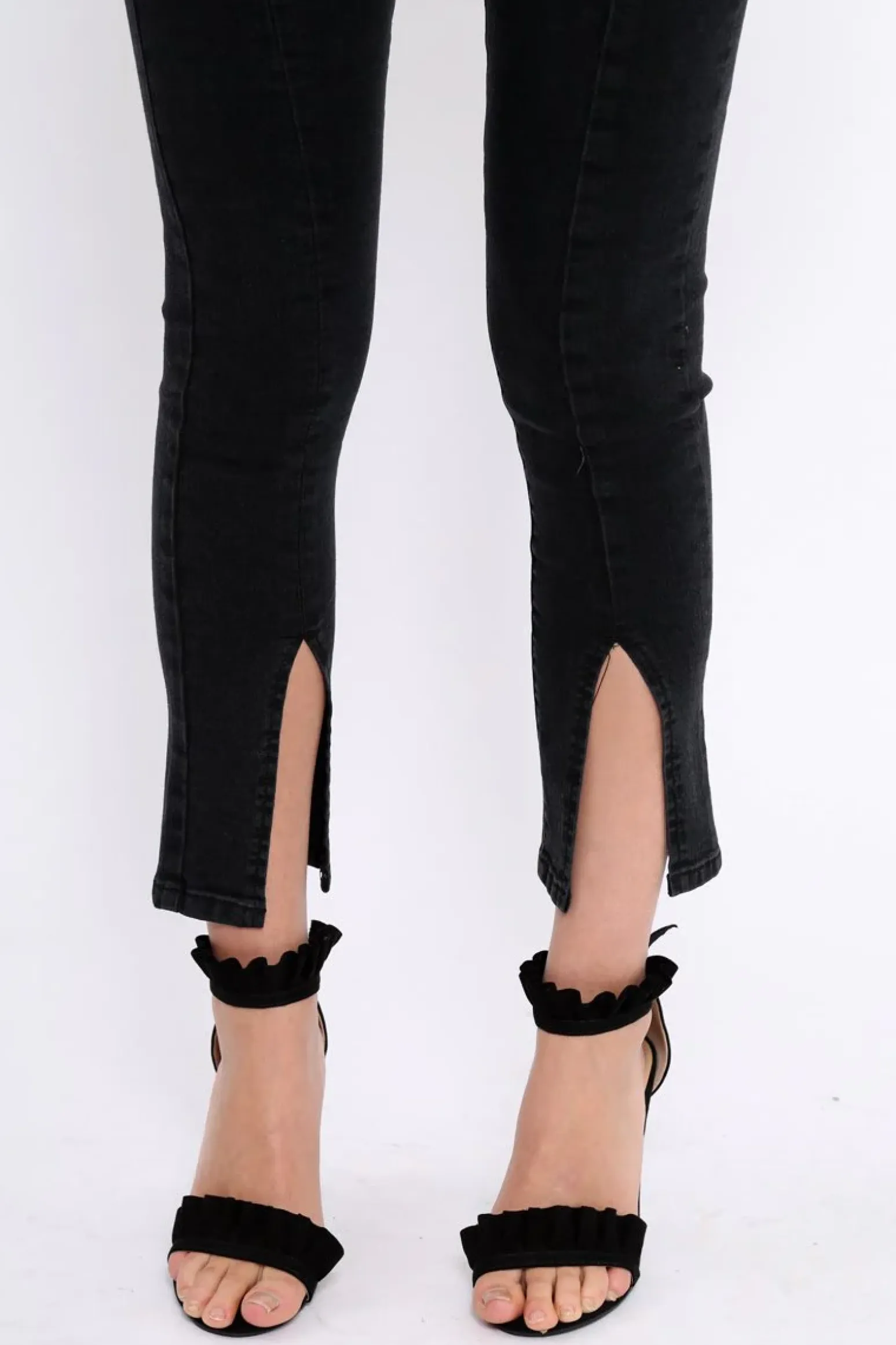 Rebellious Fashion Black Split At Front Of Leg Skinny Jeans - Nola