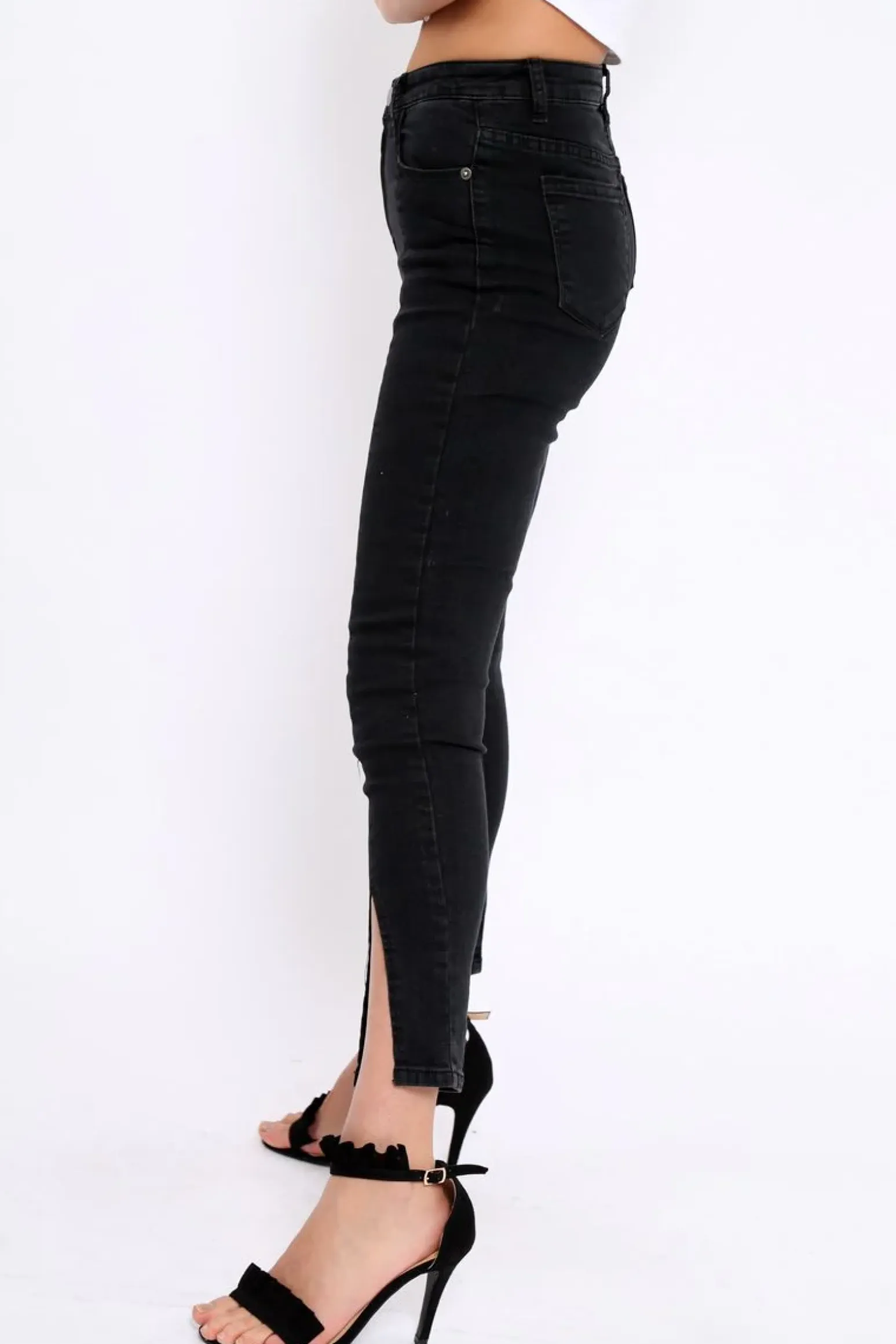 Rebellious Fashion Black Split At Front Of Leg Skinny Jeans - Nola