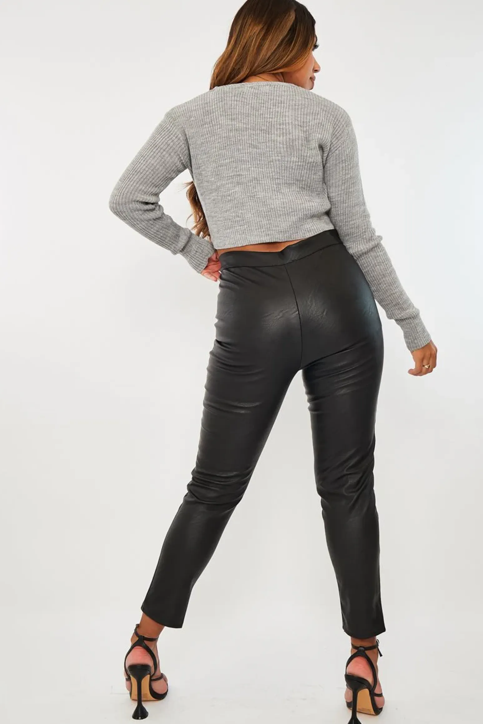 Rebellious Fashion Black Split Front Faux Leather Skinny Trouser - Meya