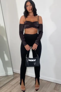 Rebellious Fashion Black Split Front Flared Trousers - Florie
