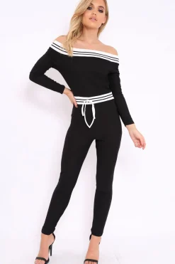 Rebellious Fashion Black Sports Trim Bardot Jumpsuit - Millie
