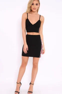 Rebellious Fashion Black Sports Trim Bralet and Skirt Co-ord - Evangeline