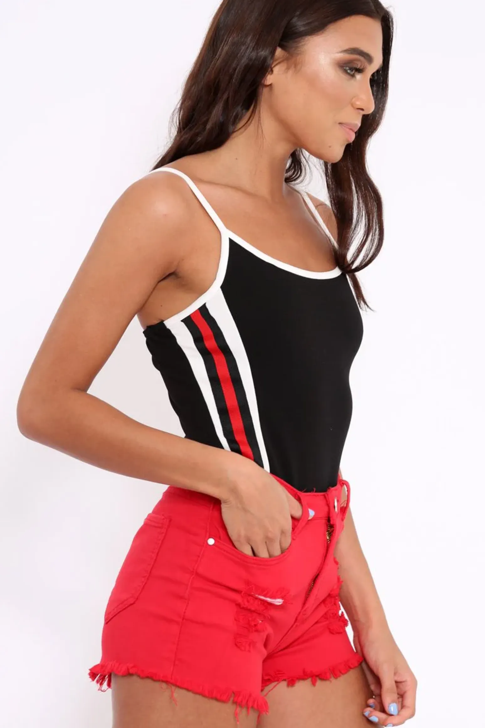 Rebellious Fashion Black Sports Trim Side Stripe Bodysuit - Marlow