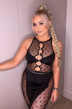 Rebellious Fashion Black Spot Mesh Key Hole Jumpsuit - Darla