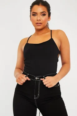 Rebellious Fashion Black Square Neck Lace Up Back Bodysuit - Veronica