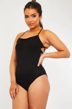 Rebellious Fashion Black Square Neck Lace Up Back Bodysuit - Veronica