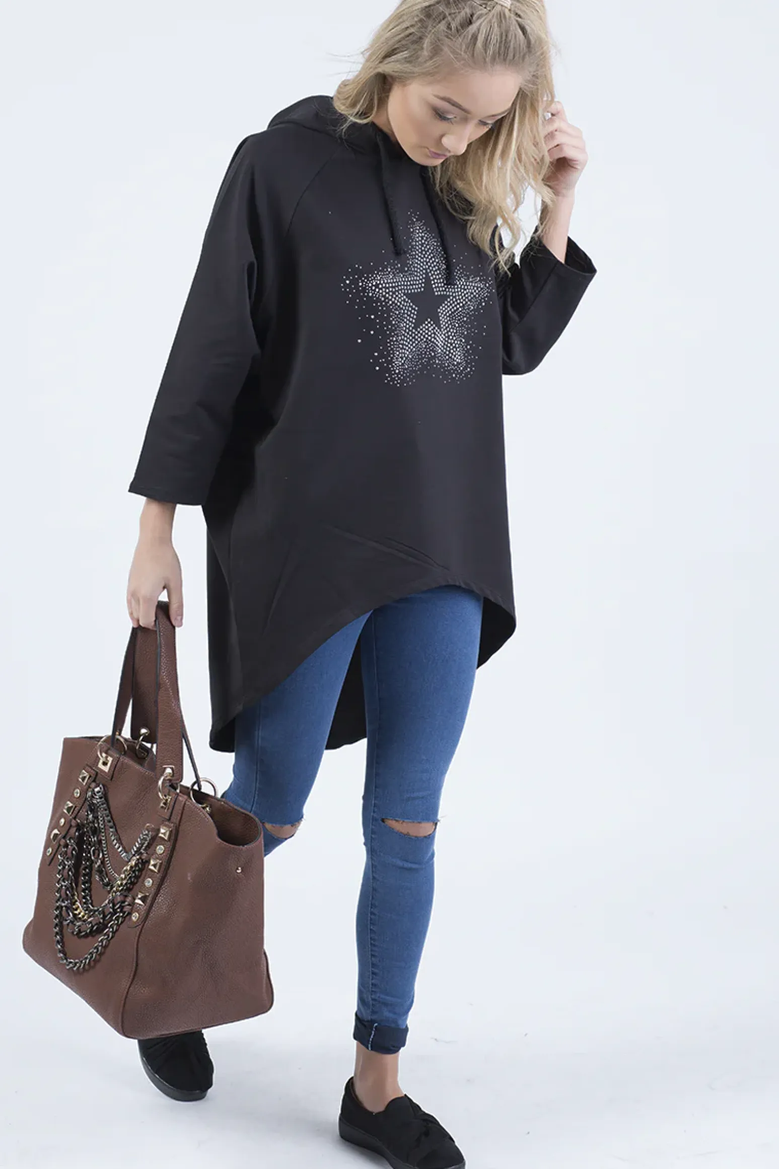 Rebellious Fashion Black Star Diamante Oversized Hoodie - Sarah