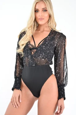 Rebellious Fashion Black Star Print Plunge Shirred Open Sleeve Bodysuit - Dulcemaria