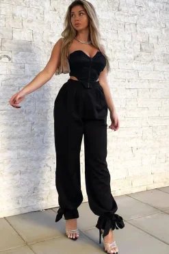 Rebellious Fashion Black Straight Leg Ankle Tie Trouser - Darby