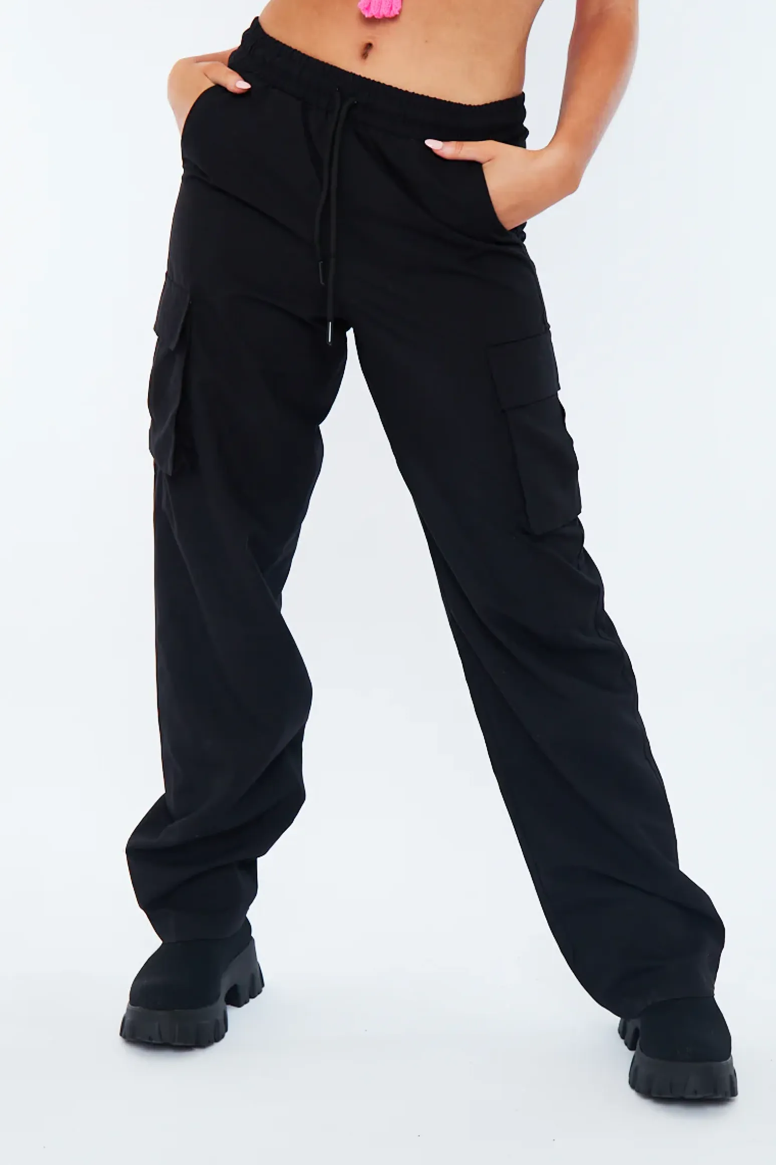 Rebellious Fashion Black Straight Leg Cargo Trousers - Aida