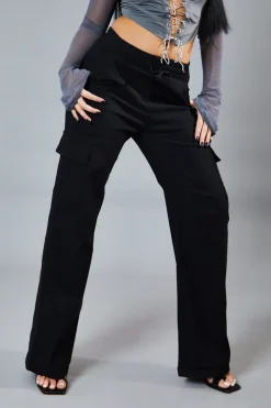 Rebellious Fashion Black Straight Leg Cargo Trousers - Rian