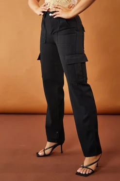 Rebellious Fashion Black Straight Leg Pocket Detail Cargo Trousers - Paige