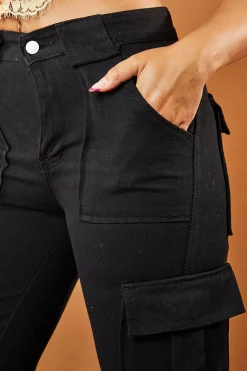 Rebellious Fashion Black Straight Leg Pocket Detail Cargo Trousers - Paige