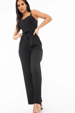 Rebellious Fashion Black Strapless Belted Pleated Wide Leg Jumpsuit - Jasmine