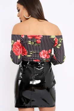 Rebellious Fashion Black Stripe and Floral Bardot Crop Top - Suze