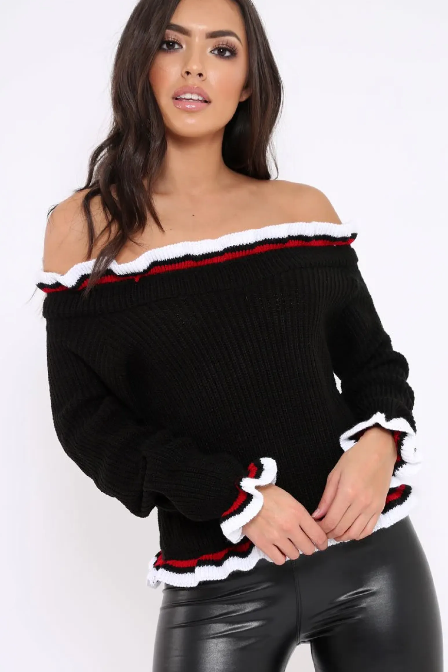 Rebellious Fashion Black Stripe Bardot Knitted Jumper - Bailey