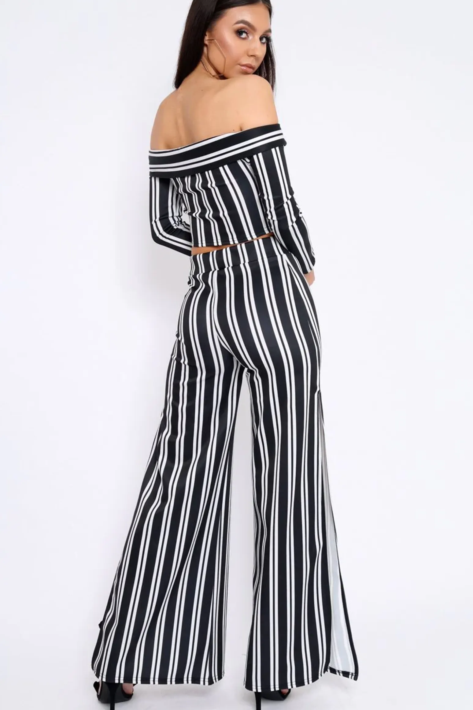 Rebellious Fashion Black Stripe Bardot Ruffle Top and Trouser Set - Inas