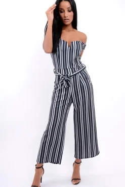 Rebellious Fashion Black Stripe Bardot V Dip Jumpsuit - Lisah