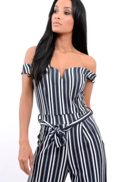 Rebellious Fashion Black Stripe Bardot V Dip Jumpsuit - Lisah