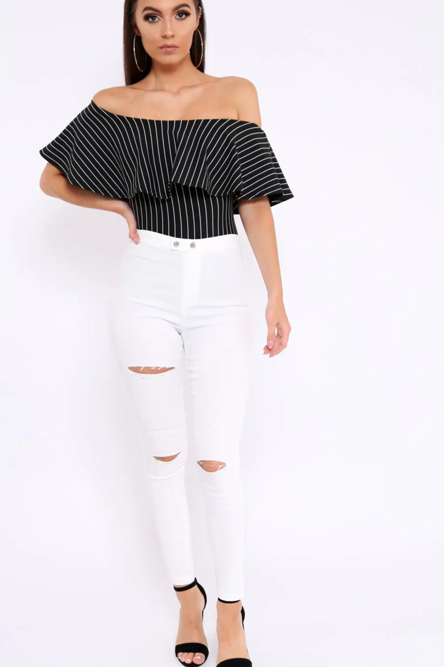 Rebellious Fashion Black Striped Bardot Frill Bodysuit - Emmie