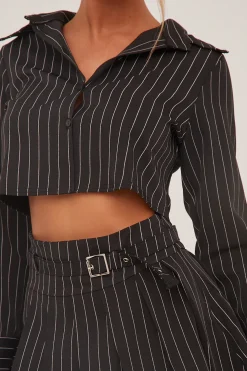 Rebellious Fashion Black Striped Button Up Shirt & Pleated Mini Skirt Co-ord Set - Nancy