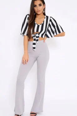 Rebellious Fashion Black Striped Cut Out Tie Front Crop Top - Evelia