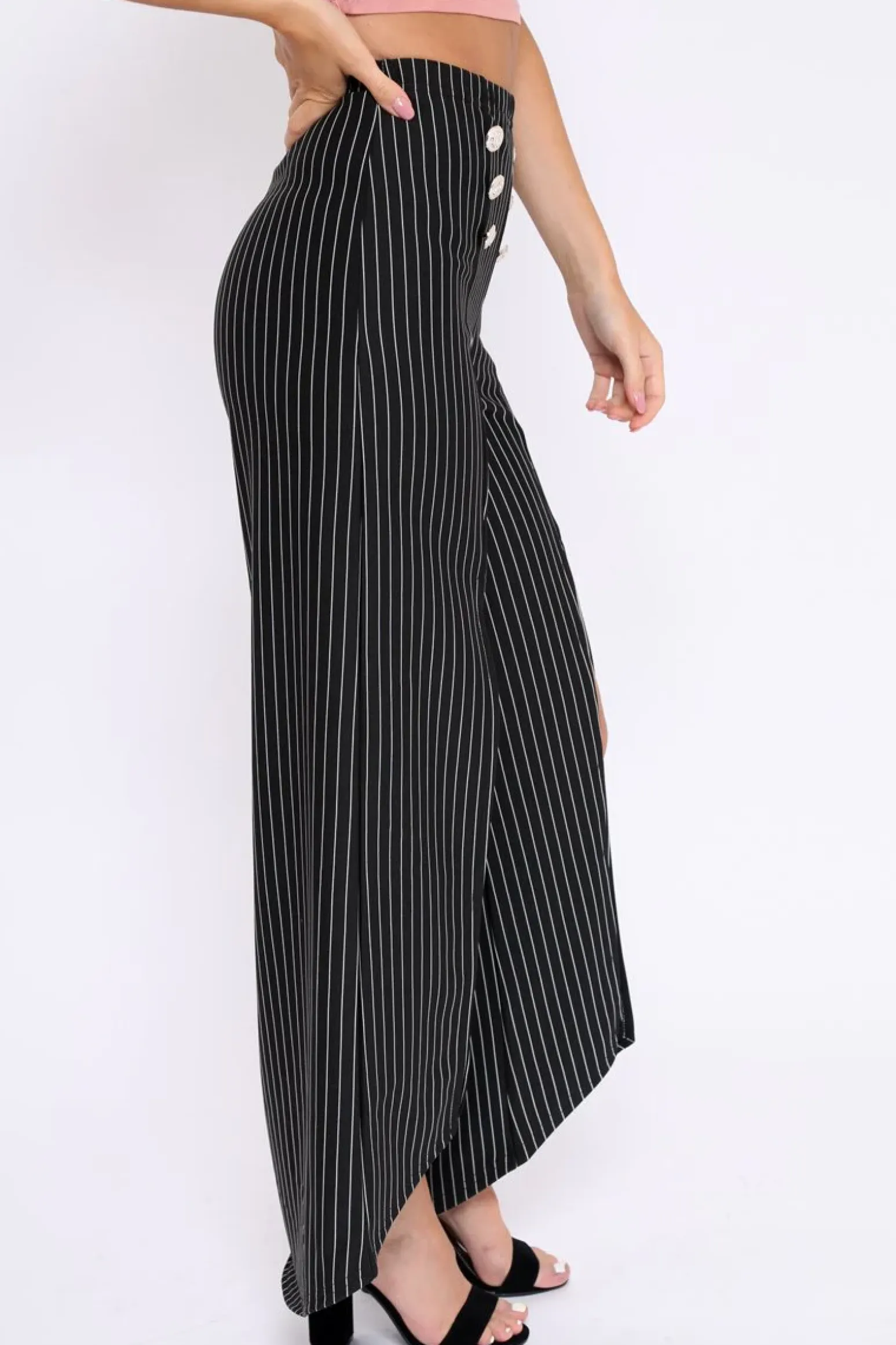 Rebellious Fashion Black Striped High Waist Split Front Flare Trousers - Reana