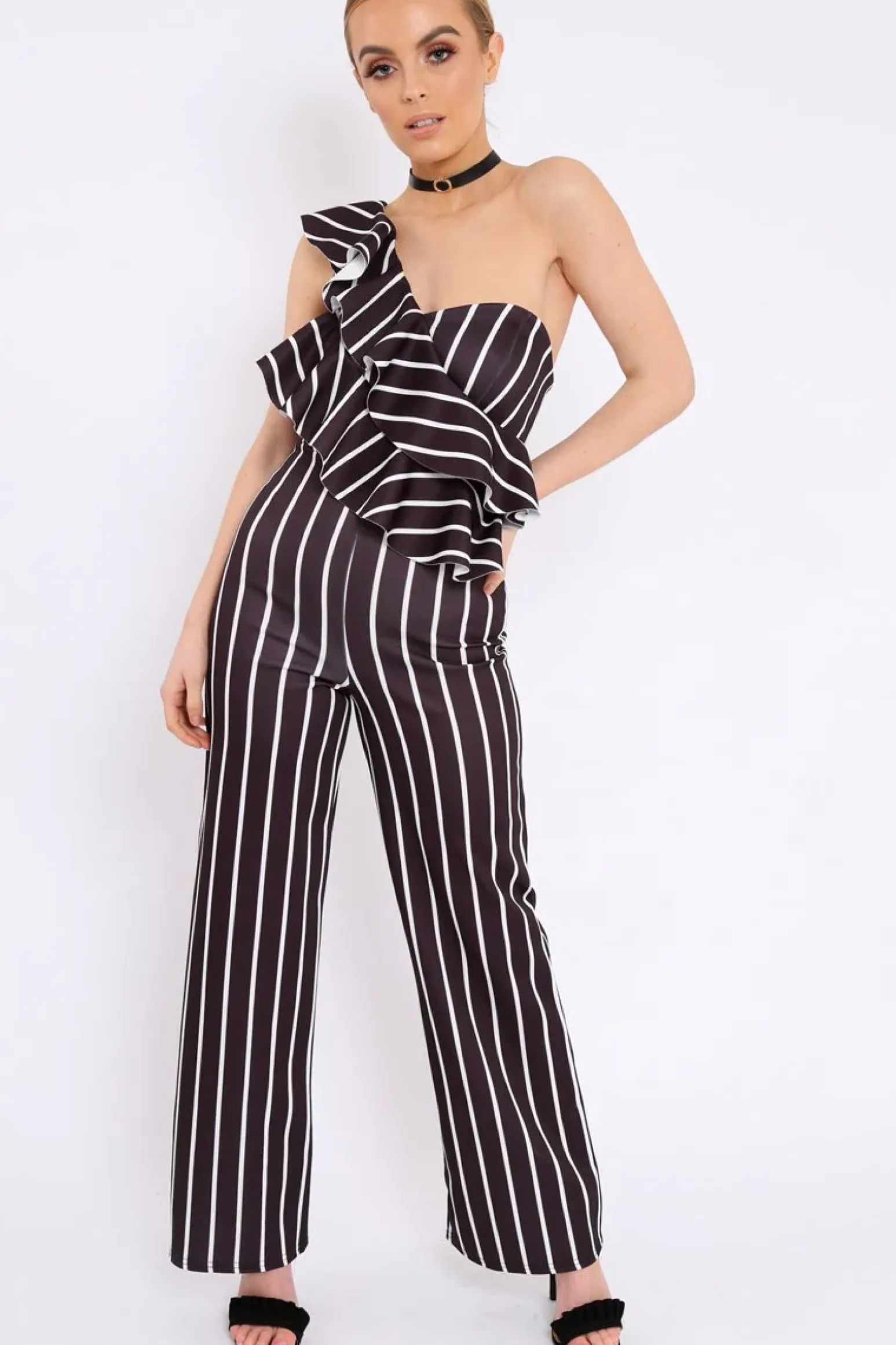 Rebellious Fashion Black Striped One Shoulder Ruffle Jumpsuit - Shelley