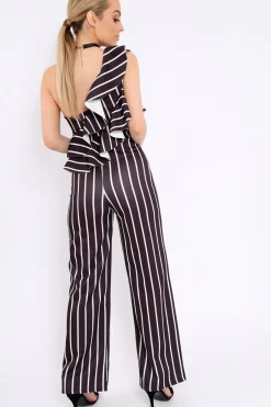 Rebellious Fashion Black Striped One Shoulder Ruffle Jumpsuit - Shelley