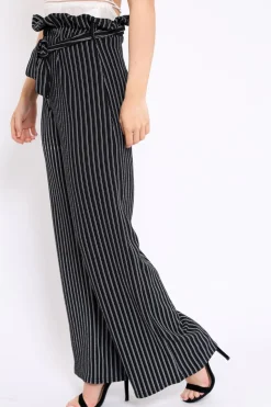 Rebellious Fashion Black Striped Paper Bag Tie Waist Wide Leg Trousers - Kennedy