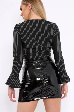 Rebellious Fashion Black Striped Plunge Tie Front Flare Sleeve Crop Top - Aimi