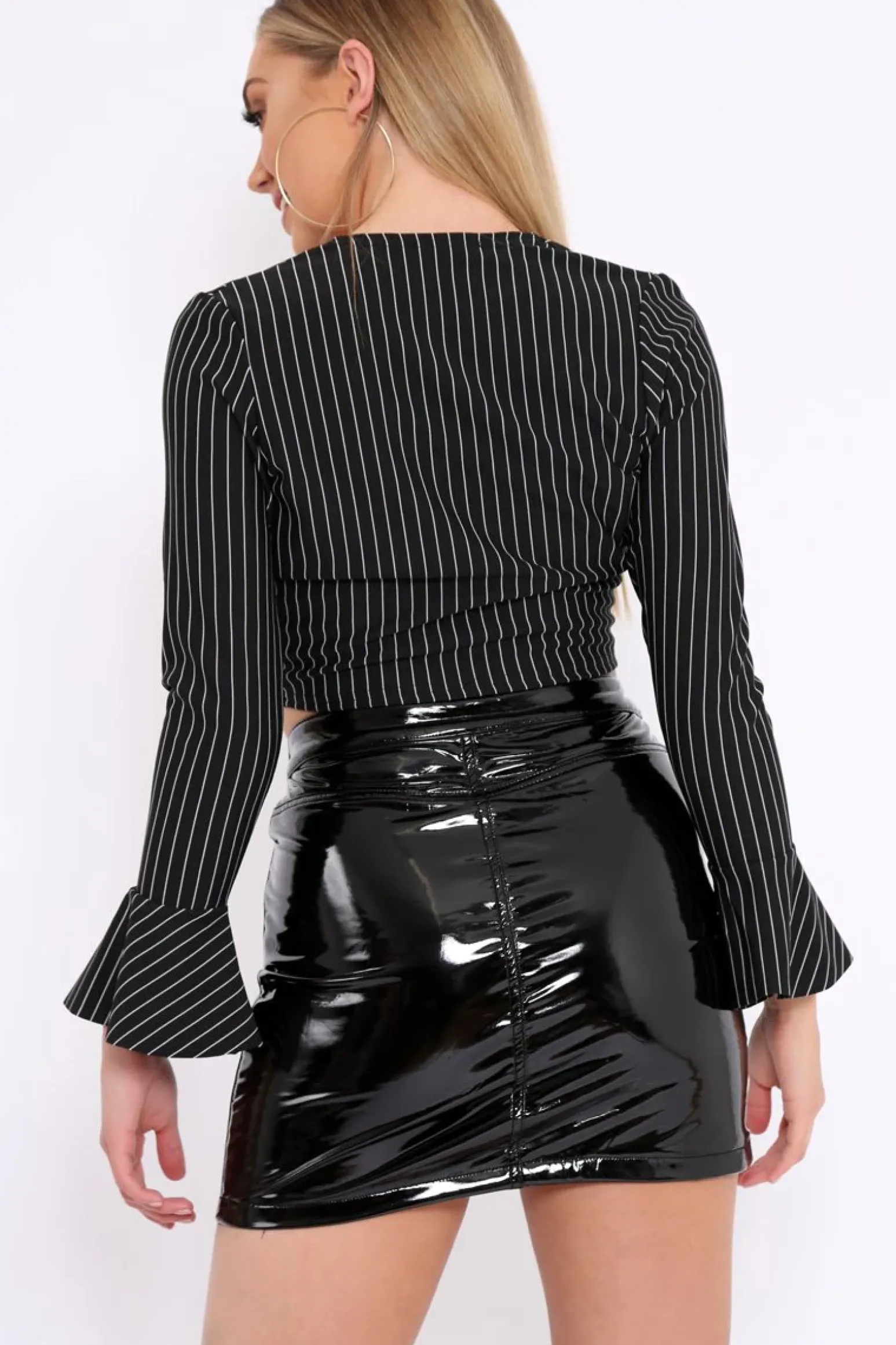 Rebellious Fashion Black Striped Plunge Tie Front Flare Sleeve Crop Top - Aimi