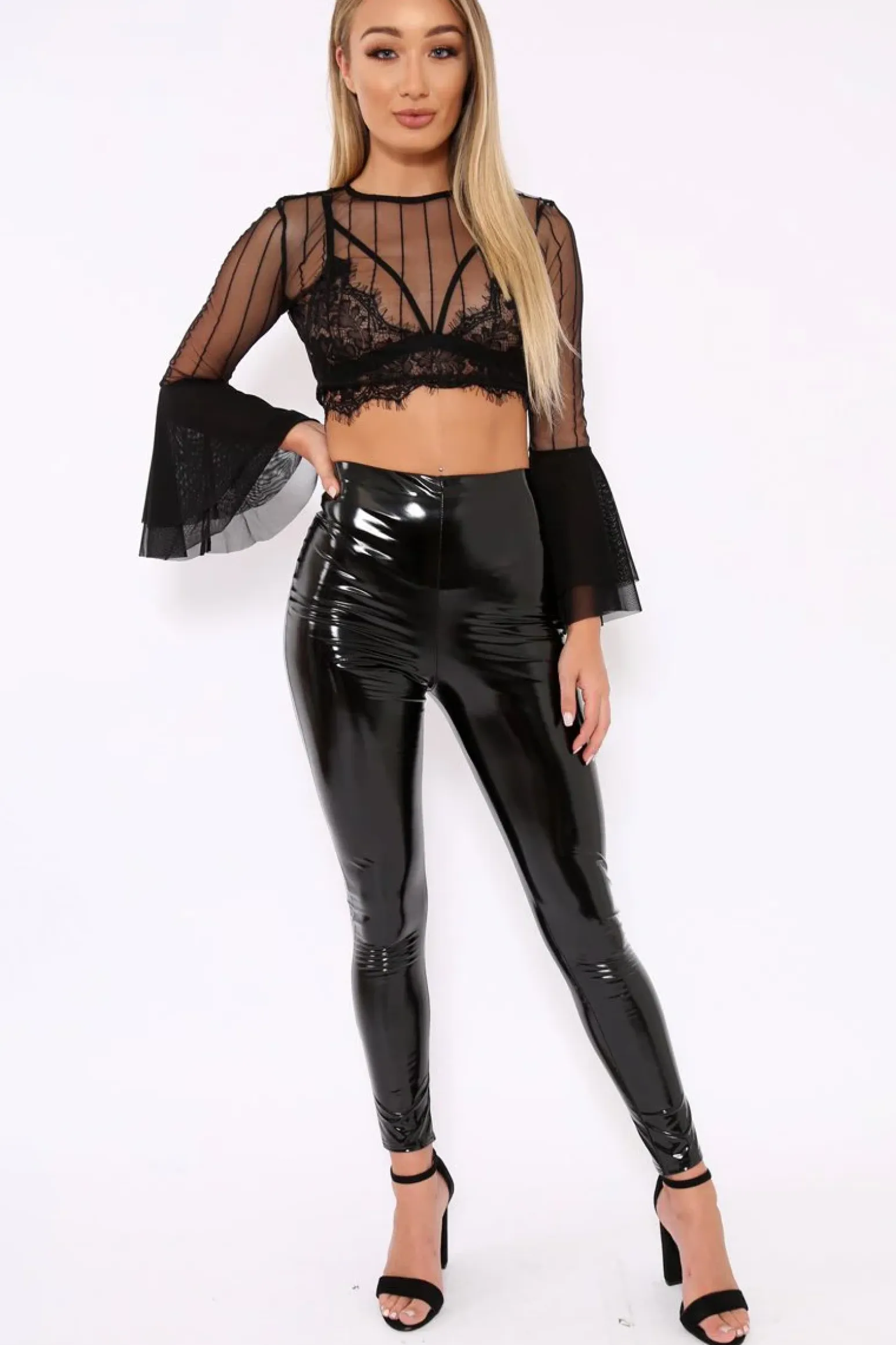 Rebellious Fashion Black Striped Sheer Crop Top with Flare Sleeves - Kaisey