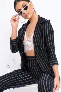 Rebellious Fashion Black Striped Slim Fit Blazer- Meya
