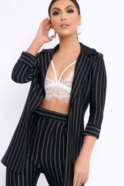 Rebellious Fashion Black Striped Slim Fit Blazer- Meya