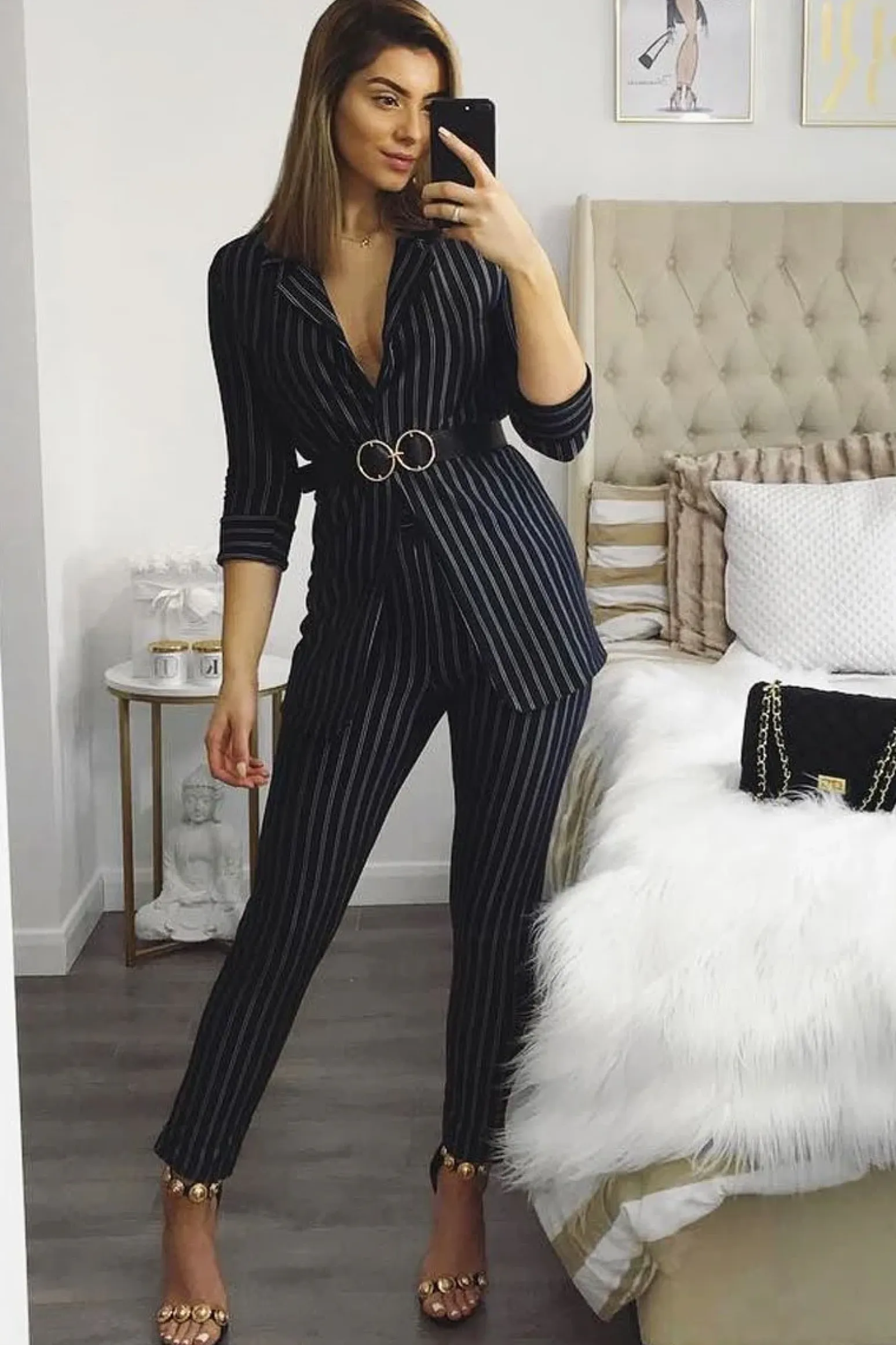 Rebellious Fashion Black Striped Slim Fit Blazer- Meya