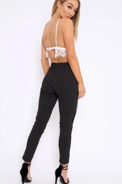 Rebellious Fashion Black Striped Tie Waist Cigarette Trousers - Candice