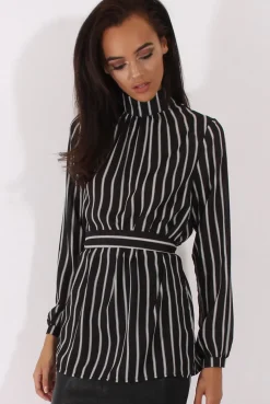 Rebellious Fashion Black Striped Tie Waist Open Back Shirt - Carina