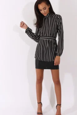 Rebellious Fashion Black Striped Tie Waist Open Back Shirt - Carina
