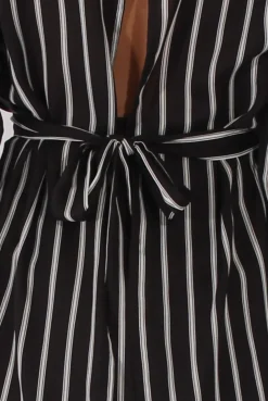 Rebellious Fashion Black Striped Tie Waist Open Back Shirt - Carina