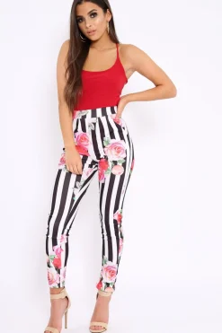 Rebellious Fashion Black Stripe Floral Tapered Trousers - Jasmyn