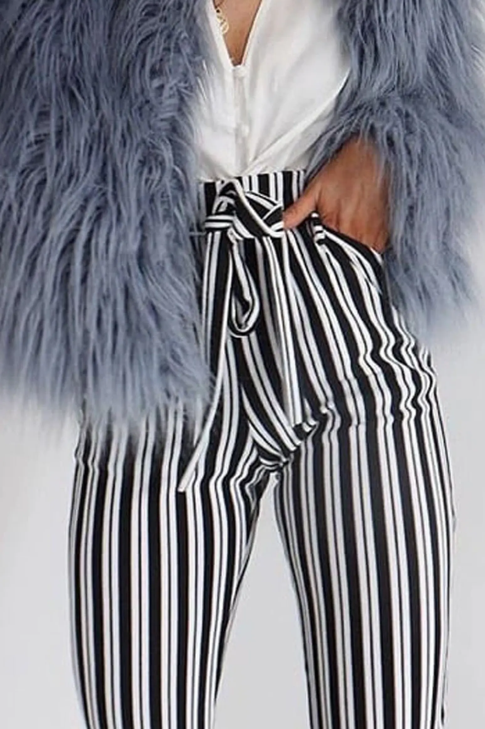 Rebellious Fashion Black Stripe Paper Bag Tie Waist Cigarette Trousers - Shaya