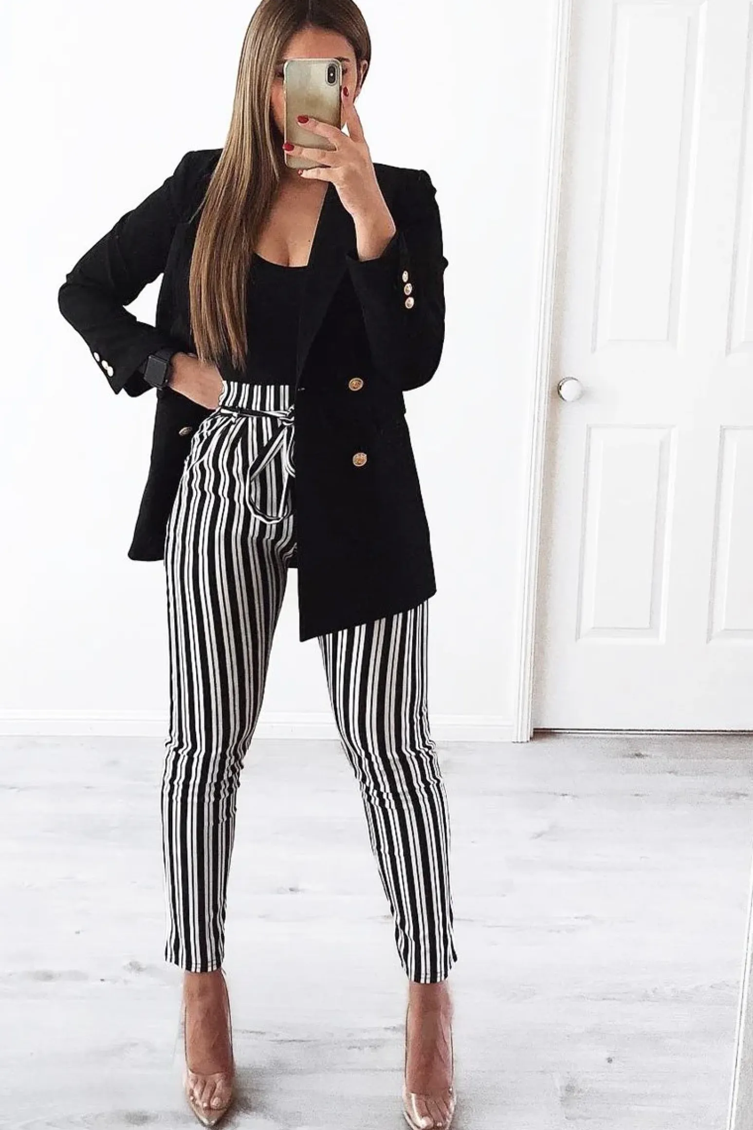 Rebellious Fashion Black Stripe Paper Bag Tie Waist Cigarette Trousers - Shaya