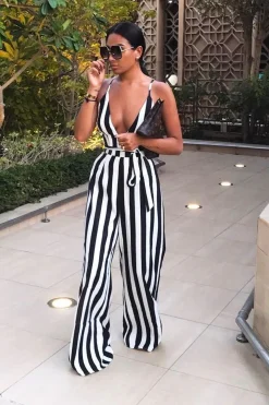 Rebellious Fashion Black Stripe Plunge Jumpsuit - Gwyn