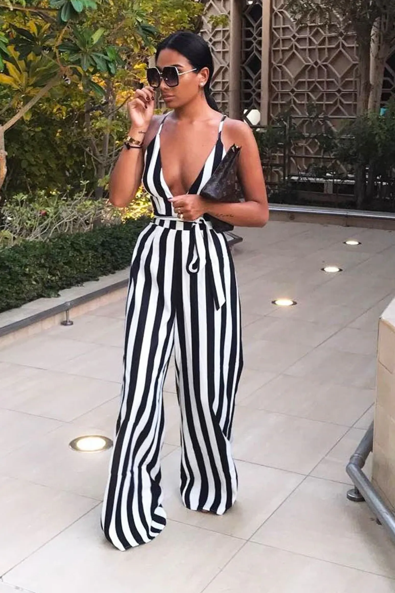 Rebellious Fashion Black Stripe Plunge Jumpsuit - Gwyn