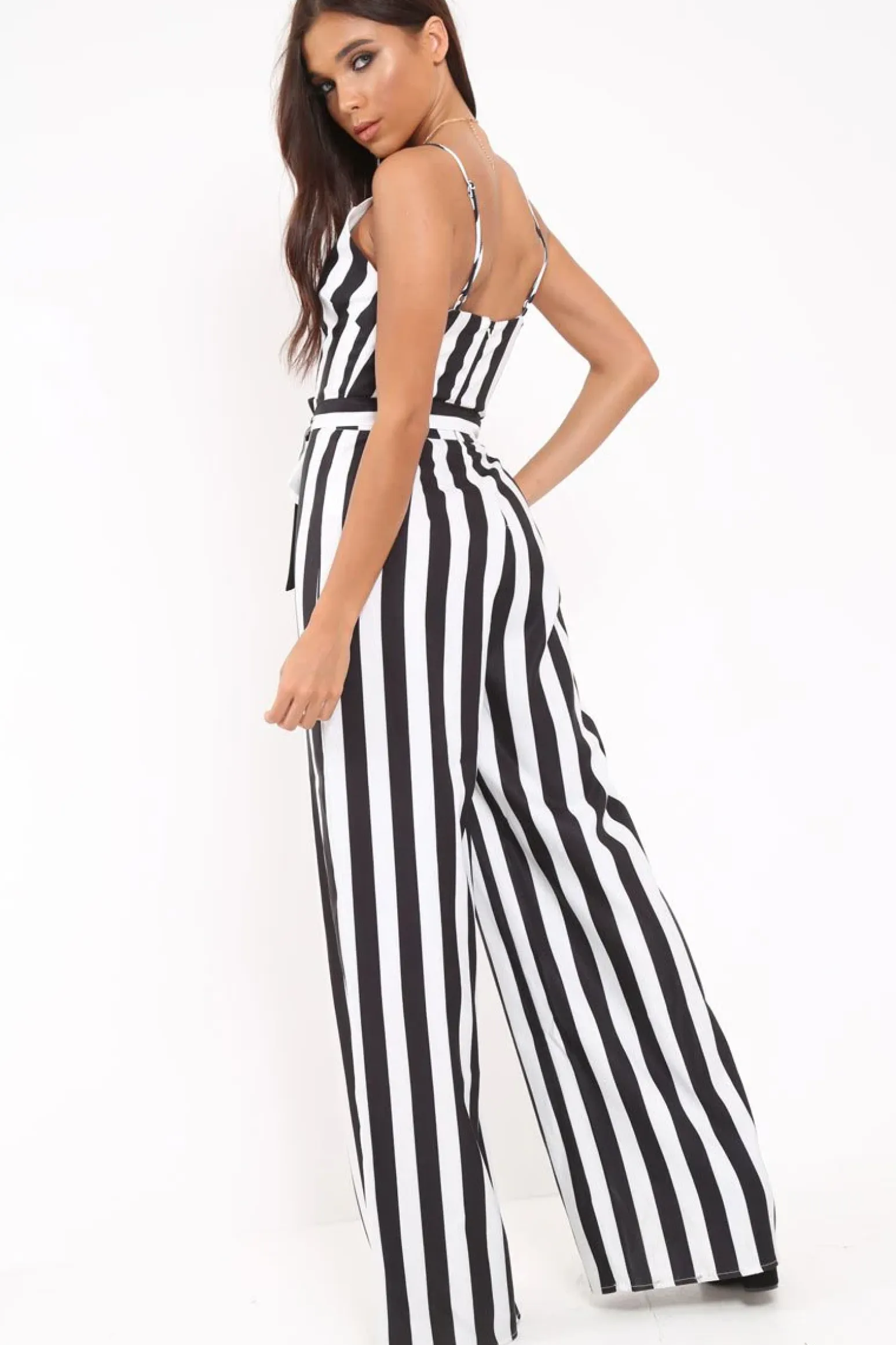 Rebellious Fashion Black Stripe Plunge Jumpsuit - Gwyn