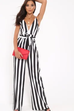 Rebellious Fashion Black Stripe Plunge Jumpsuit - Gwyn