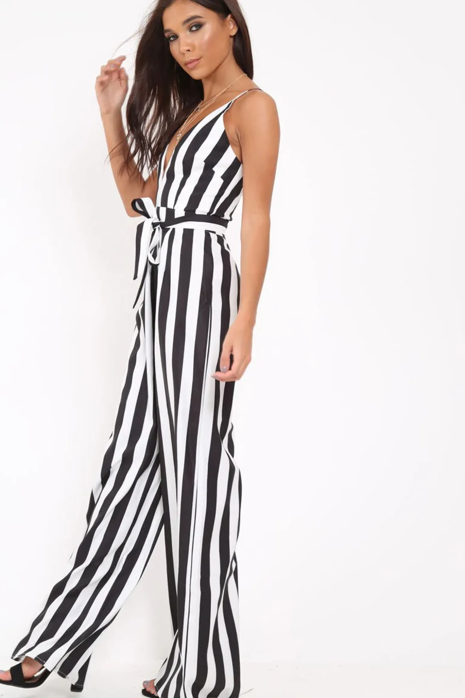 Rebellious Fashion Black Stripe Plunge Jumpsuit - Gwyn