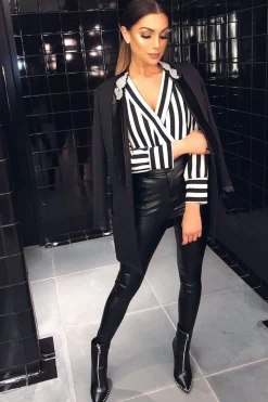 Rebellious Fashion Black Stripe Plunge Satin Bodysuit - North